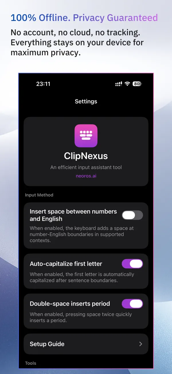 ClipNexus settings screen with input preferences
