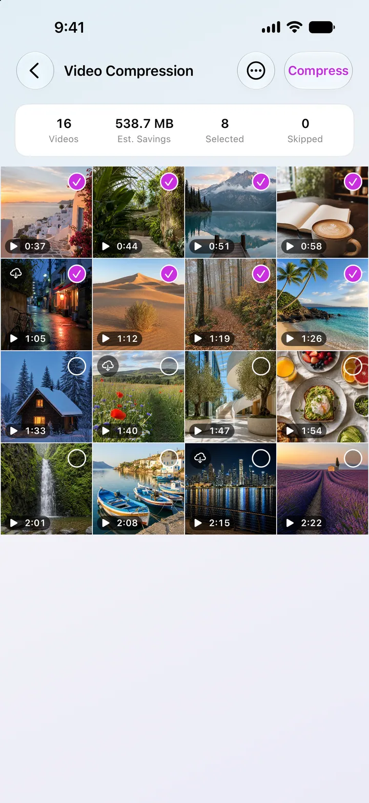 Compress eligible videos with three quality profiles.