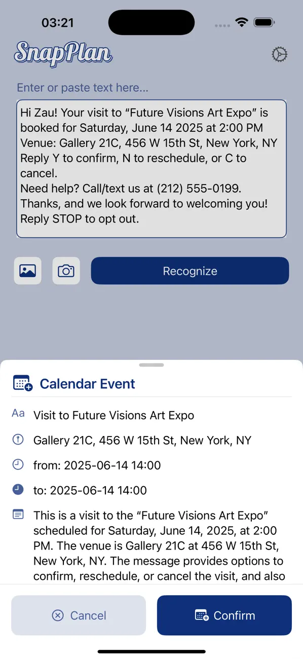 SnapPlan calendar event confirmation sheet