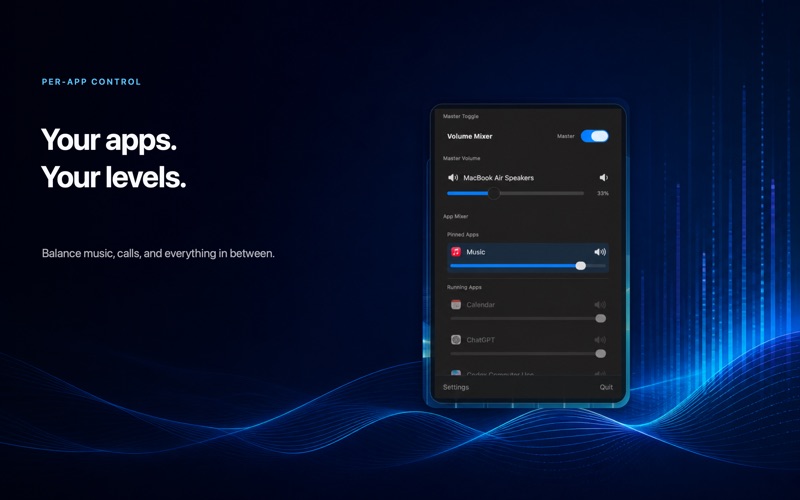 Volume Mixer menu bar panel showing app volume controls