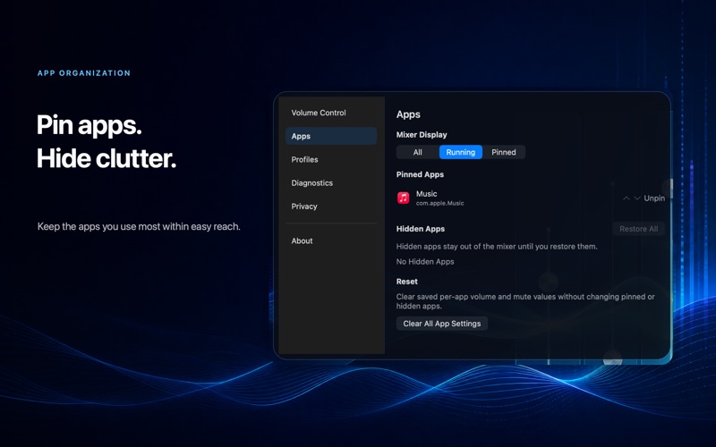 Volume Mixer app organization controls
