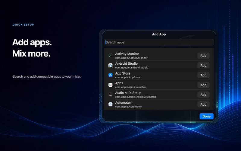 Add Apps screen in Volume Mixer