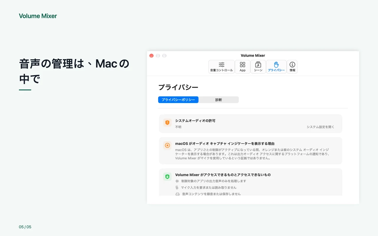 Mac · 音声の管理は、Macの中で